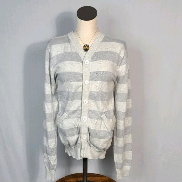 Billabong Gray/White Striped Cardigan SZ L - Picture 1 of 4